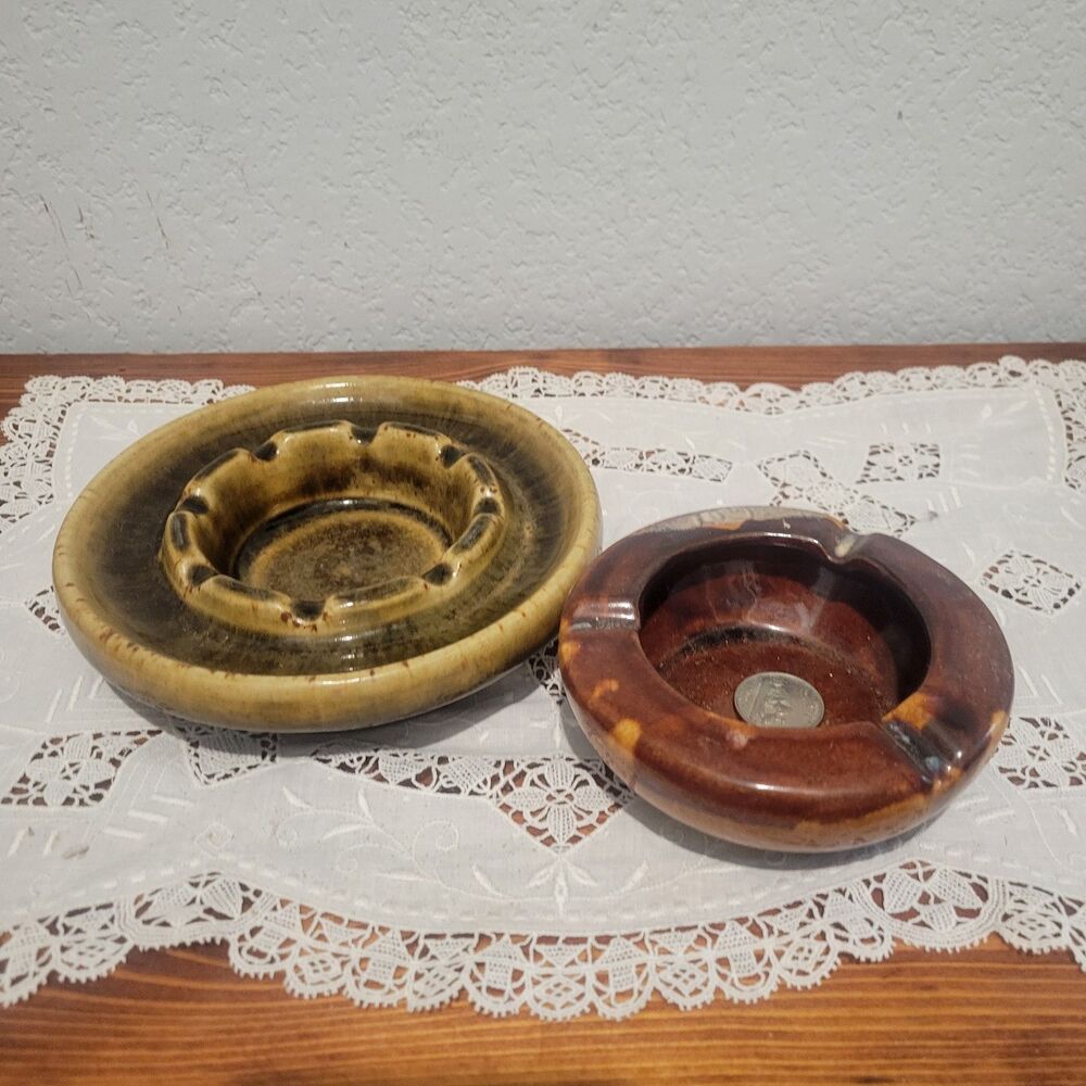 VTG 70s Glazed Ashtrays lot of 2 Ceramic handmade MCM Mid Century Boho groovy